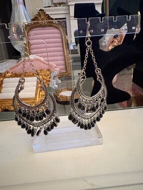 Bohemian Black Teardrop Dangle Earrings - Silver Accent